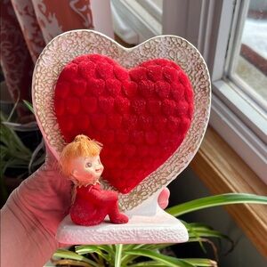 Vtg Napco Valentines Planter Flocked Puffed Heart Pixie Girl C7942 Japan MCM